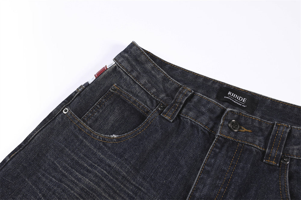 Wide-Leg Jeans with Union Jack Leather Waistband Detail