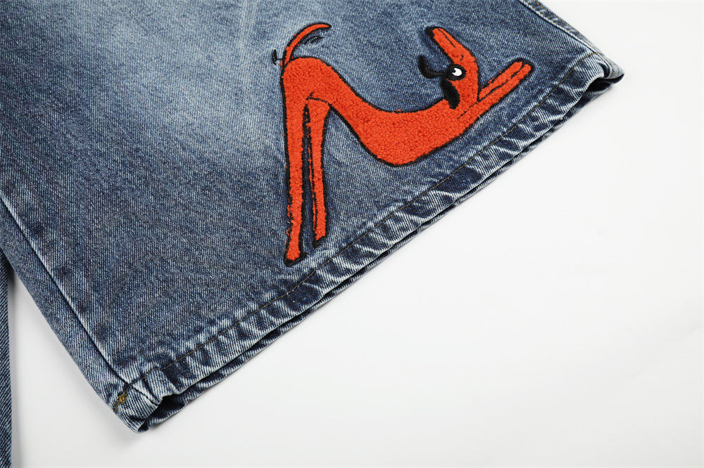 Cartoon Cat Embroidered Denim Shorts – Men's Wide Leg Vintage Washed Jean Shorts