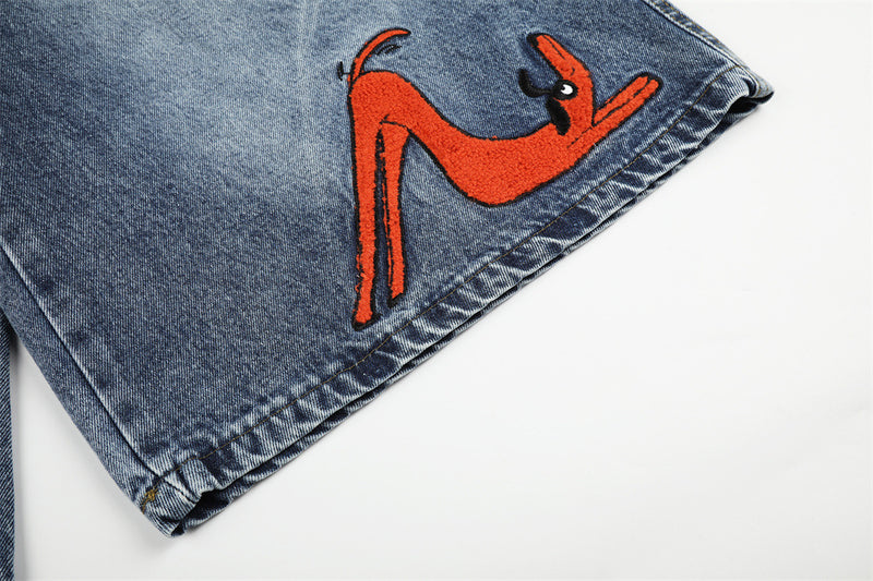 Cartoon Cat Embroidered Denim Shorts – Men's Wide Leg Vintage Washed Jean Shorts