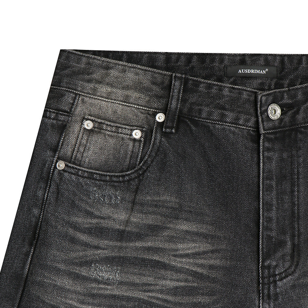 Vaqueros flare negros lavados para hombre – Denim de pierna ancha desgastado con detalle de bigotes