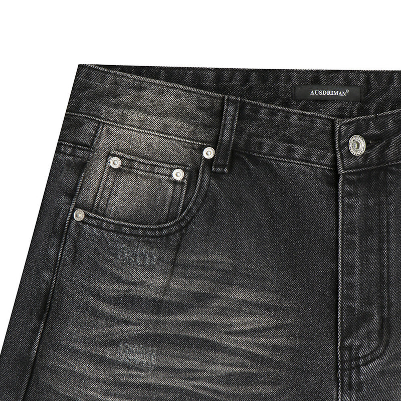 Vaqueros flare negros lavados para hombre – Denim de pierna ancha desgastado con detalle de bigotes