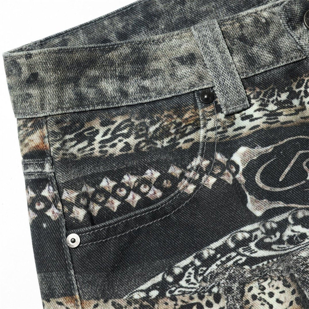 Baggy Wide-Leg Jeans – Paisley Graphic Waistband, Acid-Washed Grey Denim