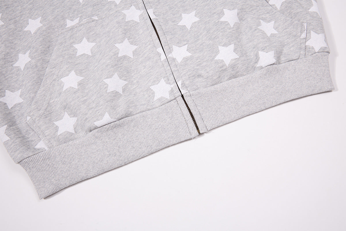 Sweat zippé à oreilles de chat – Corps à imprimé étoiles, manches raglan rayées et broderie
