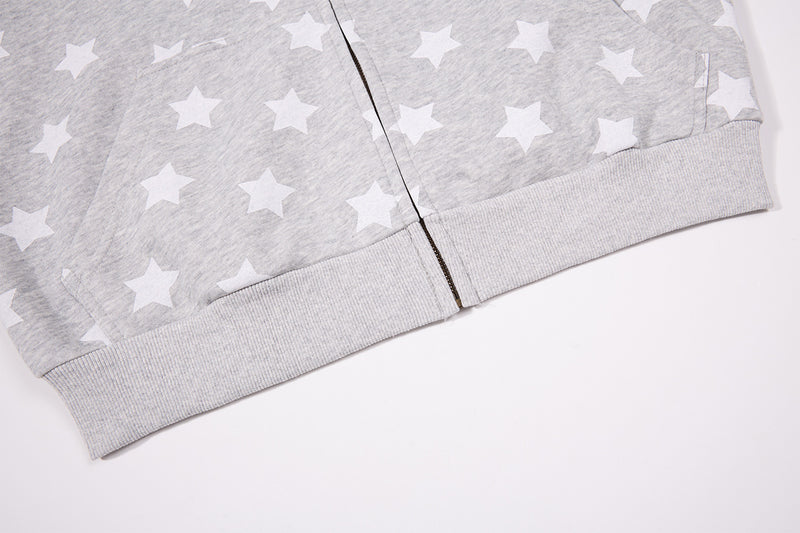 Sweat zippé à oreilles de chat – Corps à imprimé étoiles, manches raglan rayées et broderie