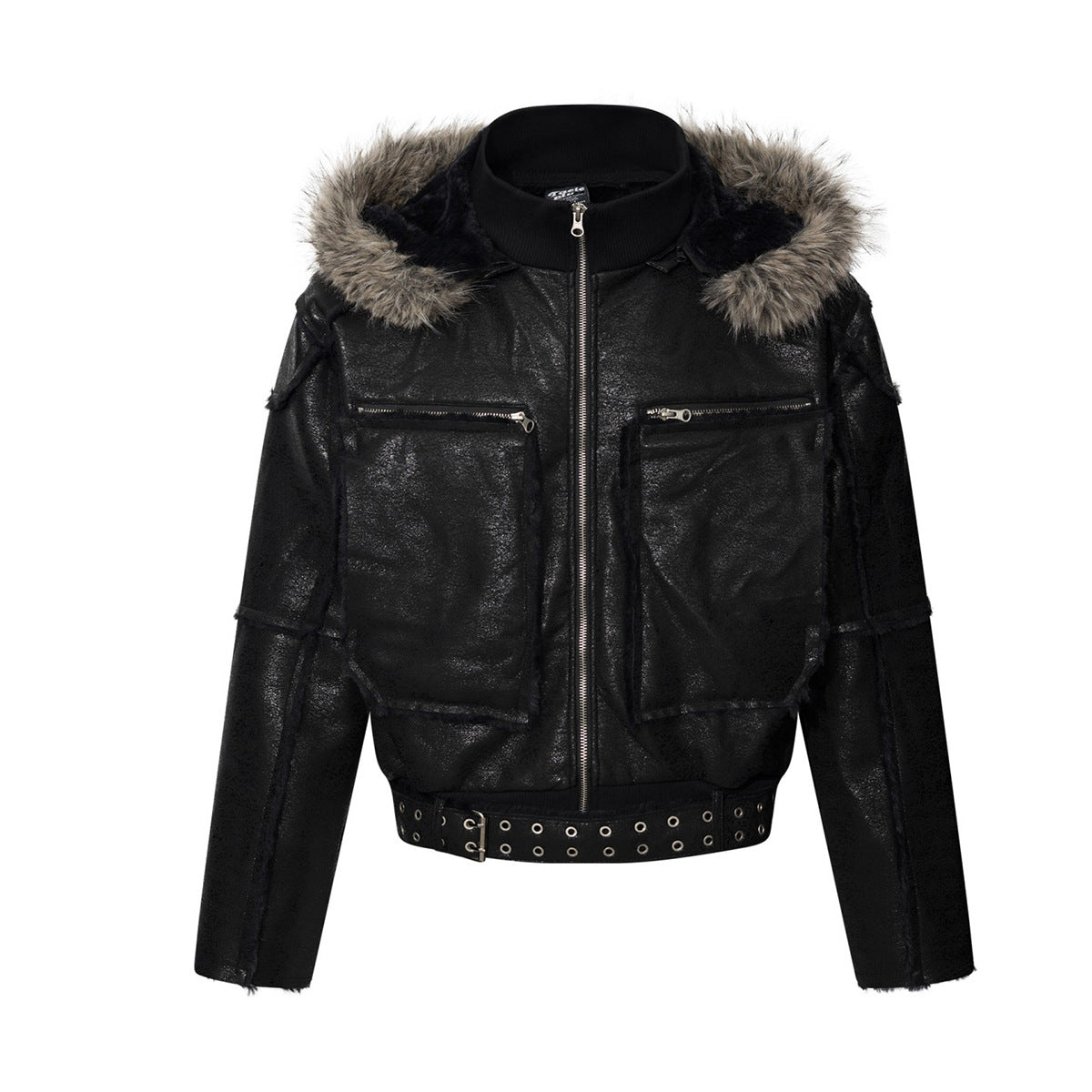 Faux Leather Bomber Jacket with Fur-Trim Hood & Fleece Lining — Black
