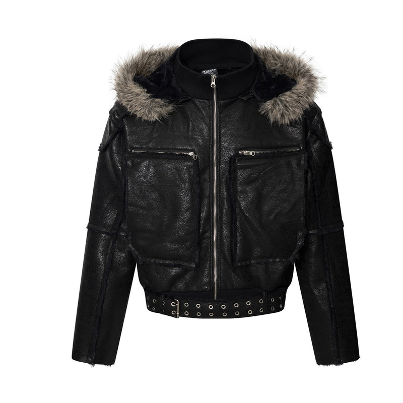 Faux Leather Bomber Jacket with Fur-Trim Hood & Fleece Lining — Black