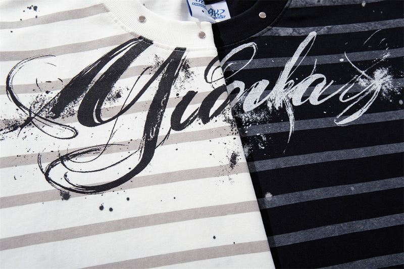 Oversized T-Shirt Men Striped Long Sleeve Paint-Splatter Script Logo Tee