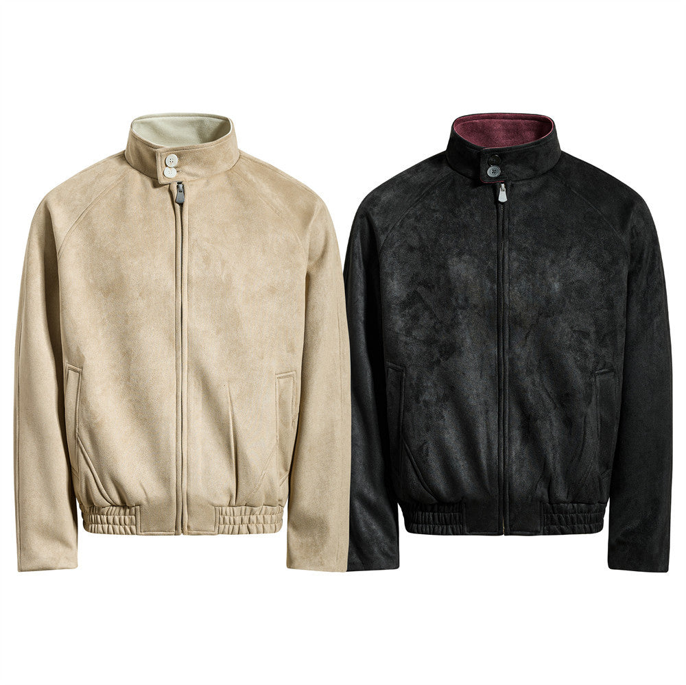 Chaqueta bomber de ante con cuello mao para hombre – Acabado desgastado y corte corto streetwear