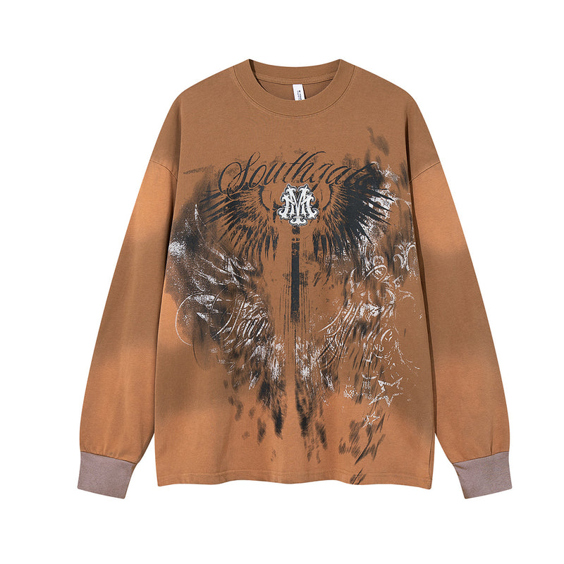 T-shirt graphique à manches longues – Ailes et inscription effet délavé, coupe oversize