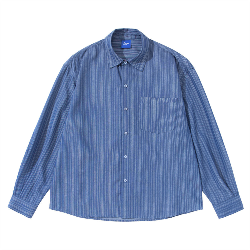 Men's oversized blue vertical stripe long sleeve button-up shirt, front and back view