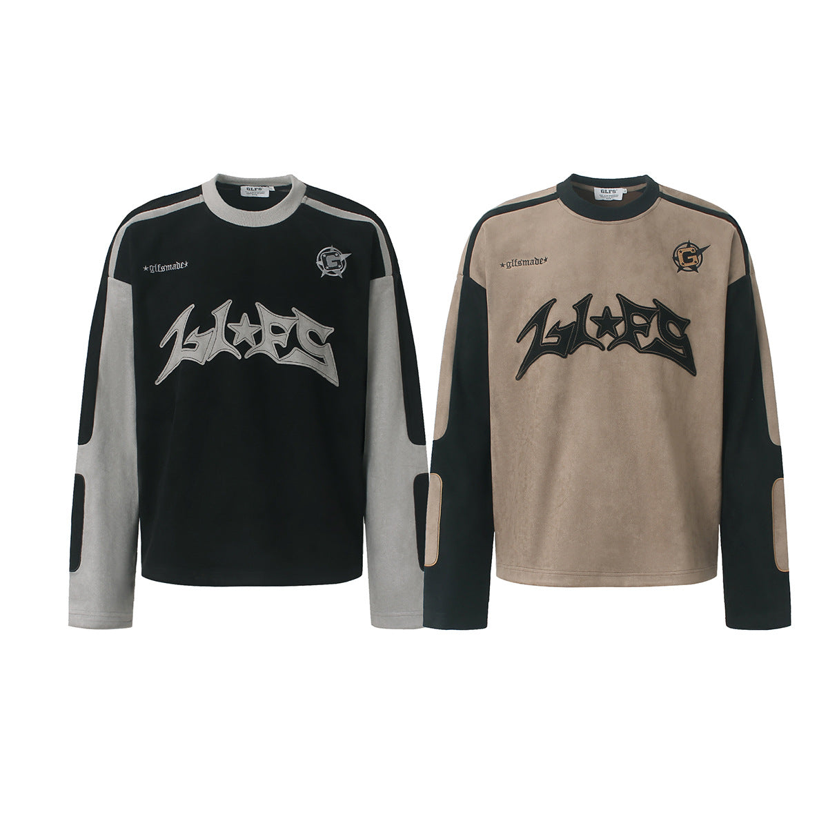 Langarmshirt aus velourslederartigem Material im Colorblock-Design mit Graffiti-Patch-Logo