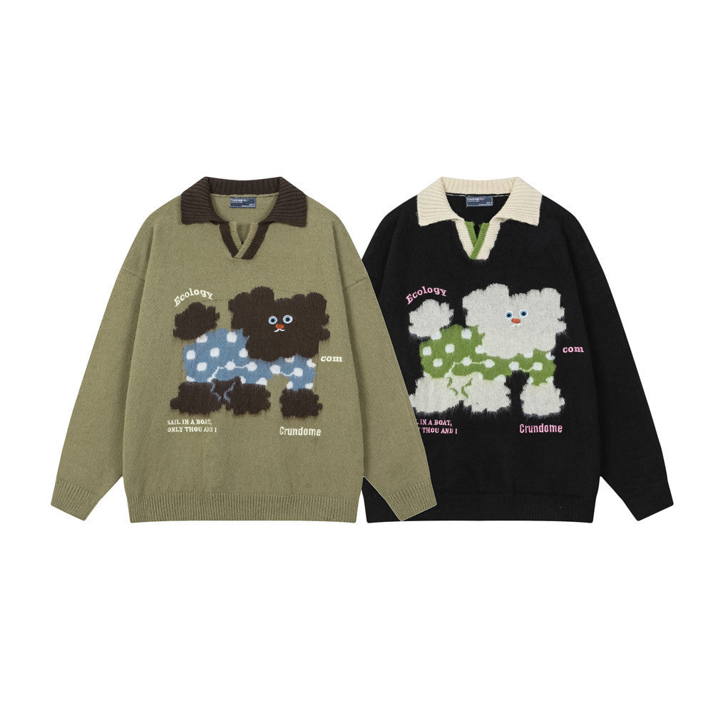 Oversize-Strickpullover mit Cartoon-Hund, Colorblock-Polokragen und langen Ärmeln für Herren