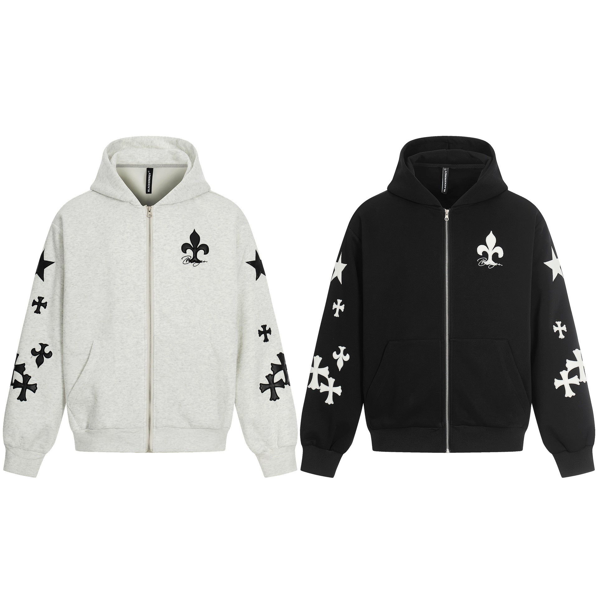 Sudadera con cremallera estampada con cruces y flor de lis – Cárdigan oversize vintage estadounidense