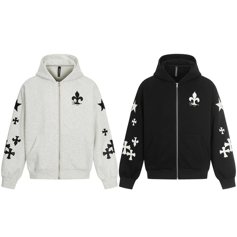 Sudadera con cremallera estampada con cruces y flor de lis – Cárdigan oversize vintage estadounidense