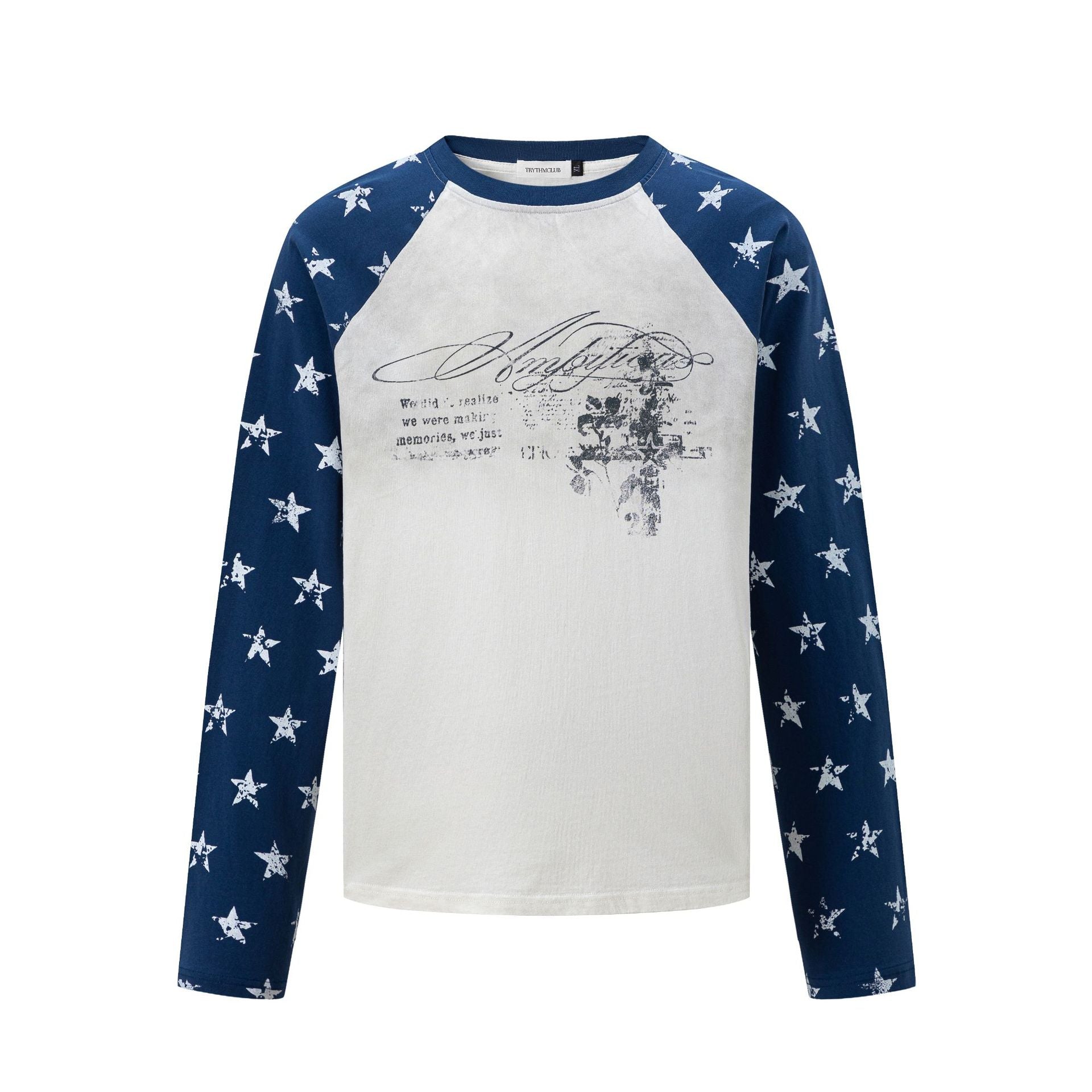 Men's long-sleeve raglan tee with navy star-print sleeves and distressed vintage graphic on off-white body