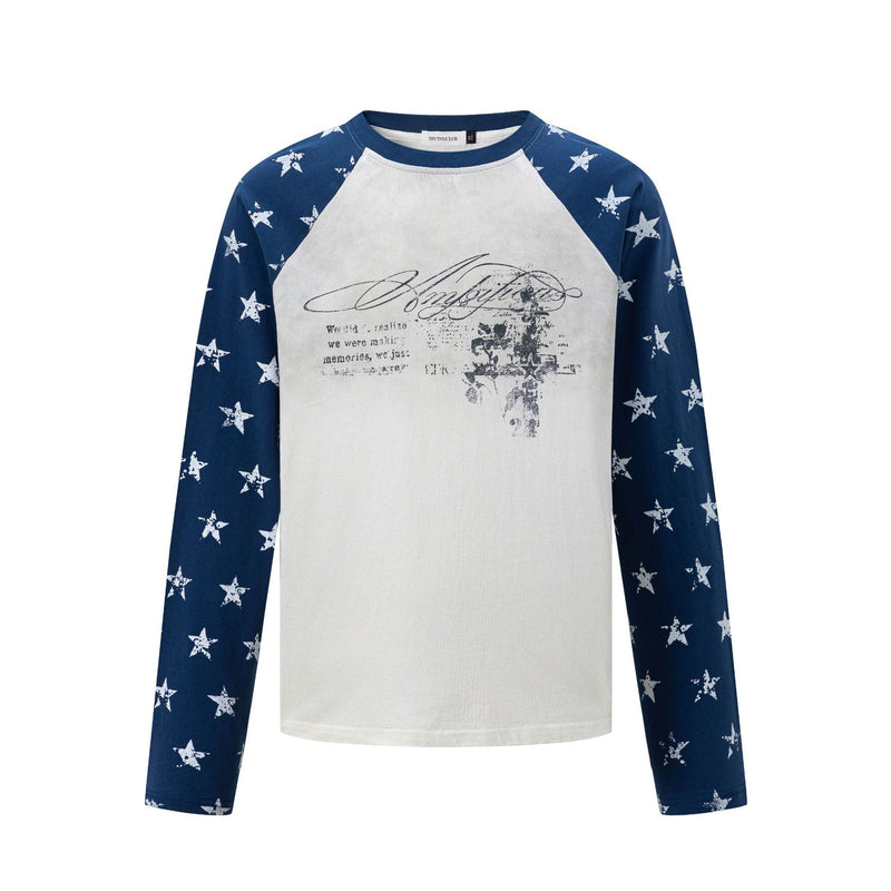 Men's long-sleeve raglan tee with navy star-print sleeves and distressed vintage graphic on off-white body