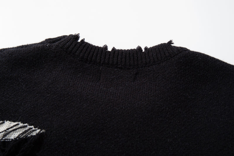 Men's Skull Jacquard Distressed Knit Sweater – Oversized Crewneck
