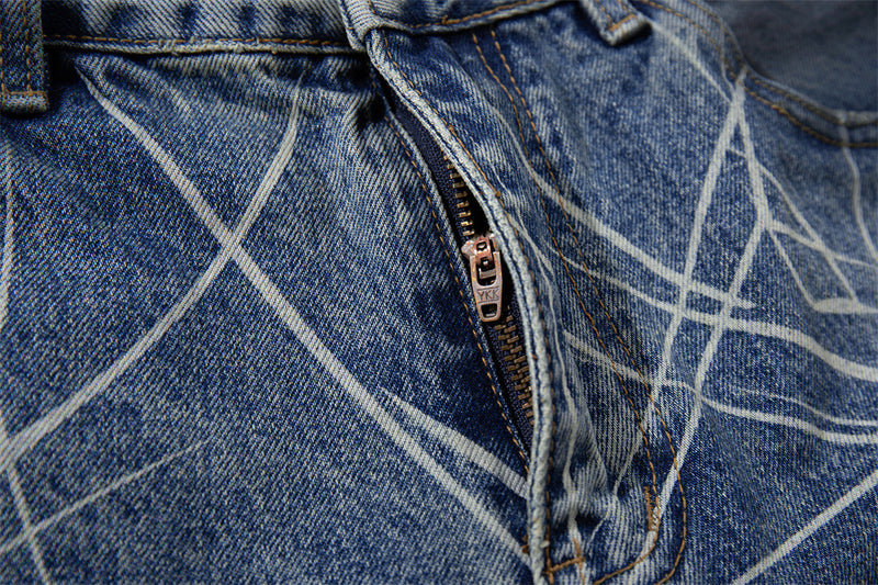 Wide-Leg Jeans with Paint Splatter & Distressed Scratch Print — Grunge Baggy Fit