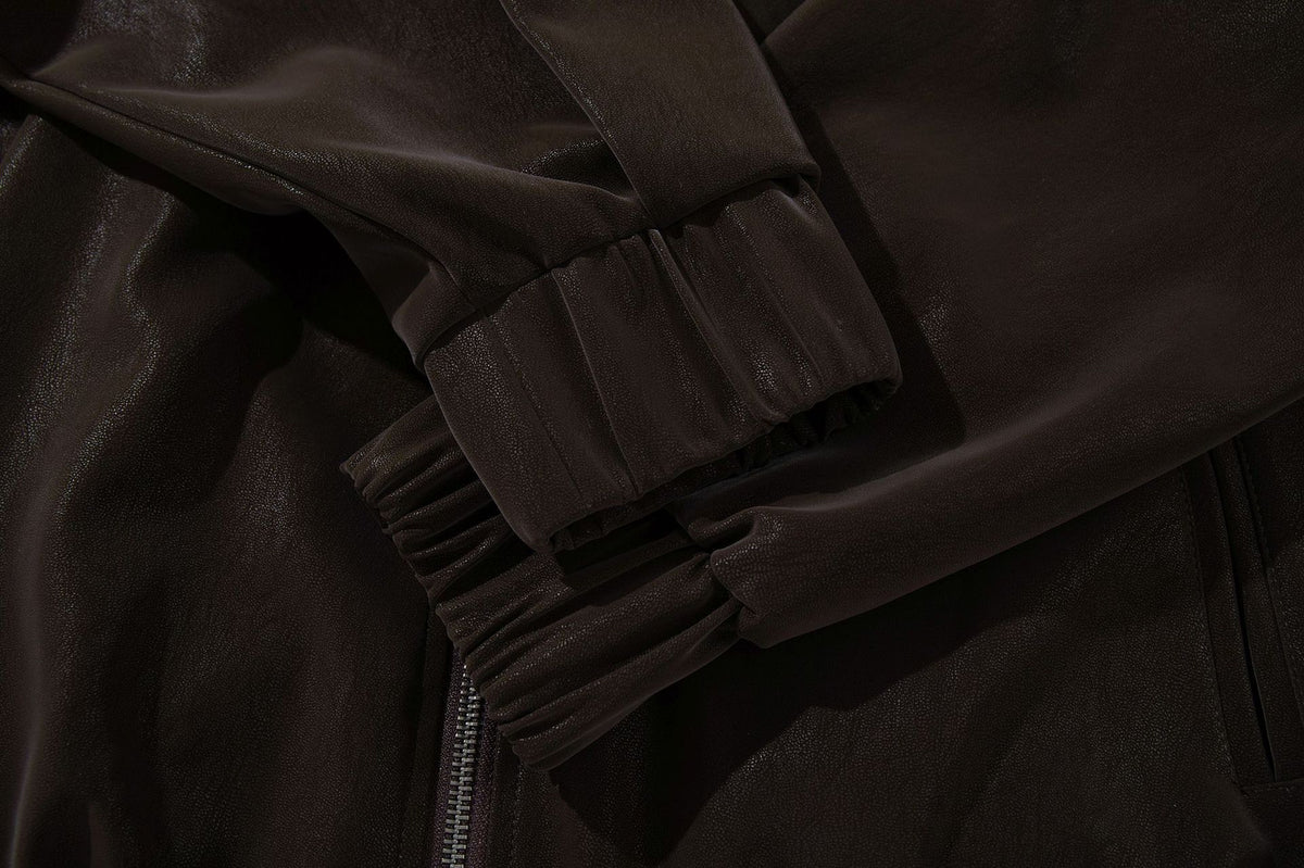 Oversized Black Leather Jacket Faux PU Bomber with High Collar