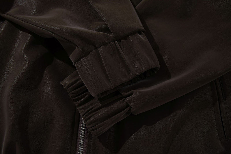 Oversized Black Leather Jacket Faux PU Bomber with High Collar