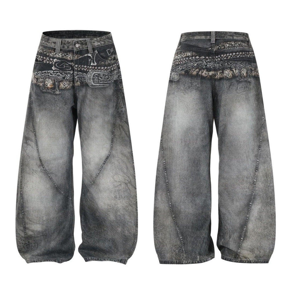 Baggy wide-leg jeans in acid-washed charcoal grey with paisley graphic waistband, front and back view