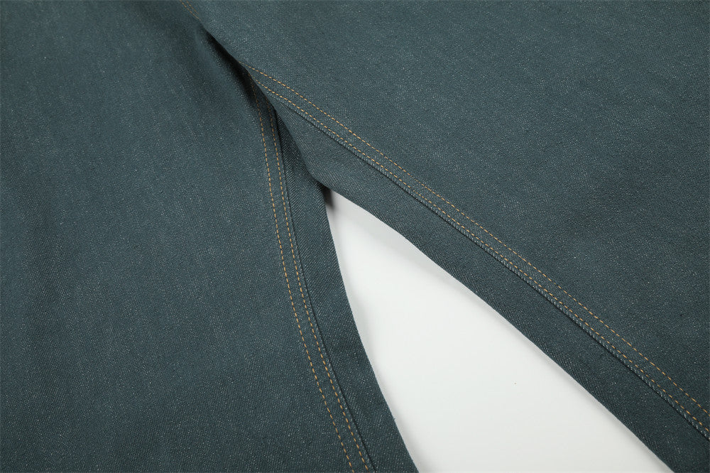 Jeans larges homme – Pantalon droit en denim vert canard à braguette boutonnée