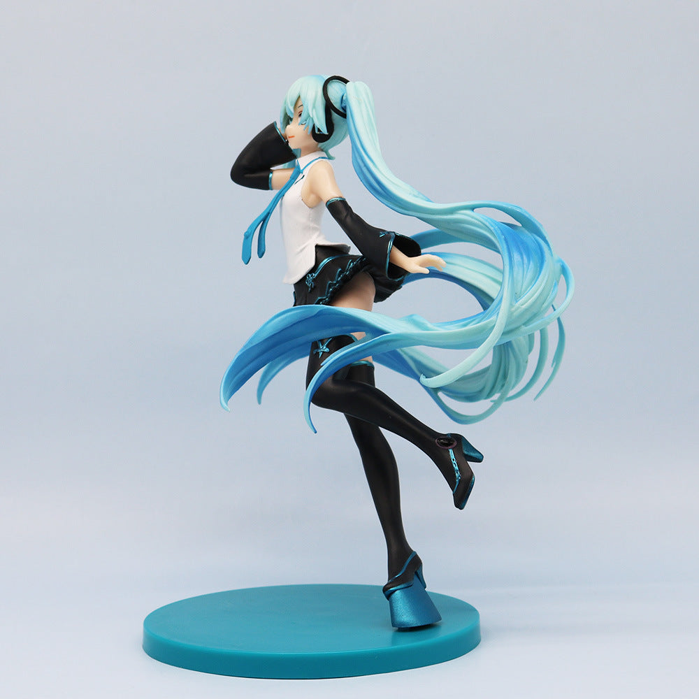 The Flying Hatsune Miku 20cm PVC Figure by Hatsune Miku showcases a dynamic pose with her iconic long turquoise hair, futuristic attire, headphones, sleeveless top, tie, and thigh-high boots. She is poised mid-motion on a sleek blue circular base.