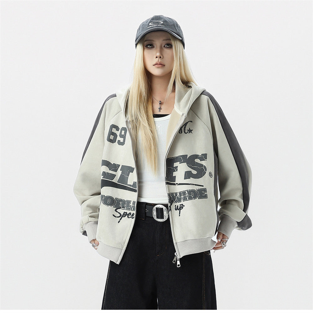 GLFS Colorblock Oversized Zip Up Hoodie – Distressed Letter Print, Dual Zipper