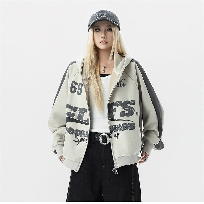 GLFS Colorblock Oversized Zip Up Hoodie – Distressed Letter Print, Dual Zipper