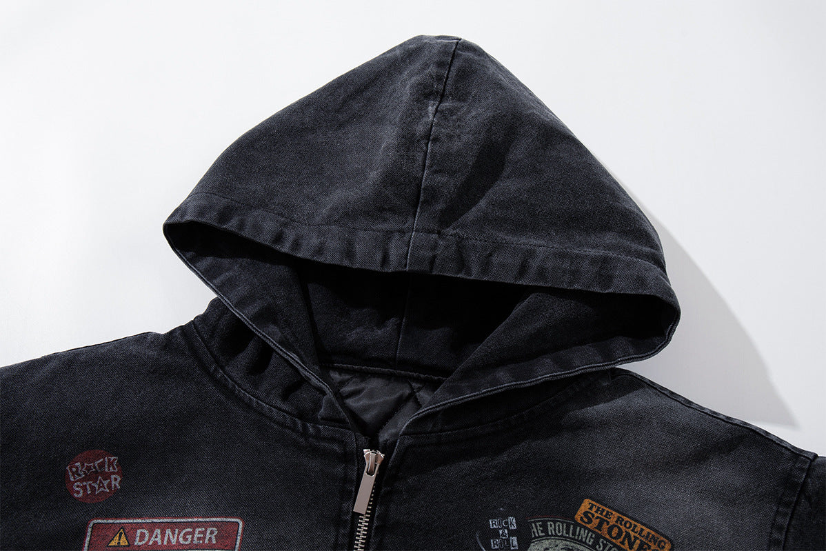 Rolling Stones Patch Hooded Bomber Jacket – Washed Black Vintage Graphic