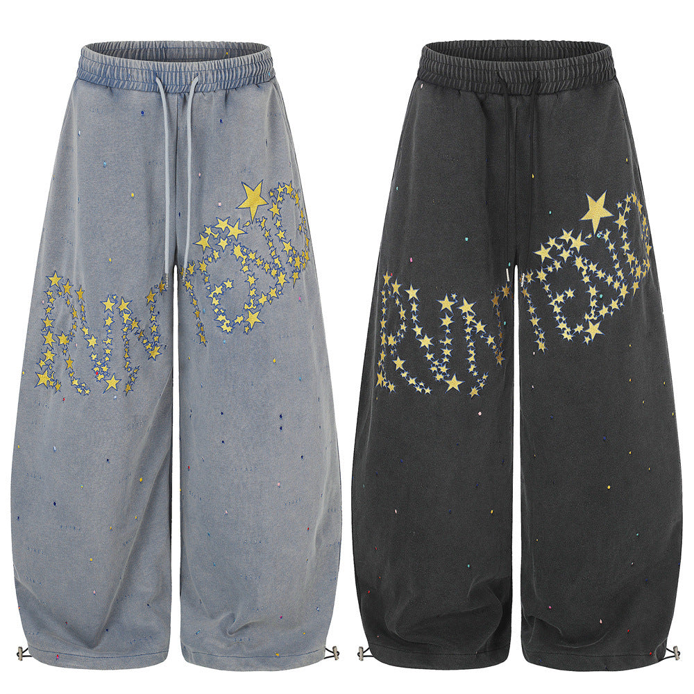 Pantalones de Chándal de Pierna Ancha con Estrellas Bordadas – Pantalones Streetwear Baggy Lavados al Ácido