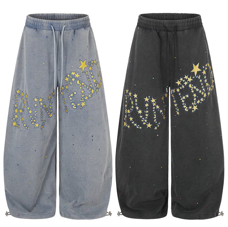 Pantalones de Chándal de Pierna Ancha con Estrellas Bordadas – Pantalones Streetwear Baggy Lavados al Ácido