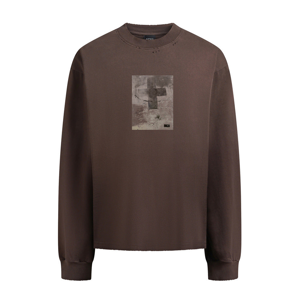 Langarmshirt mit Kreuz-Print und Acid-Wash – Vintage-Distressing mit offenem Saum