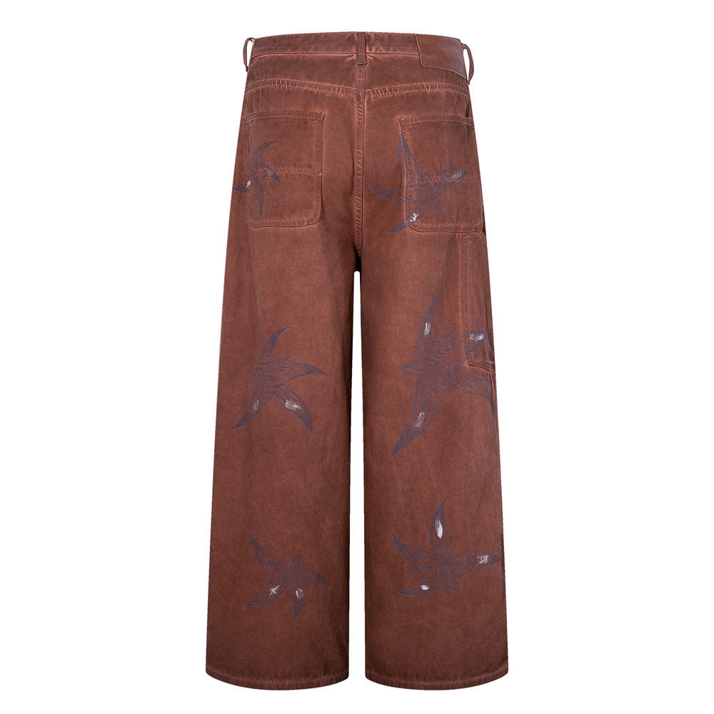 Wide-Leg Cargo Pants – Washed Brown Bird Print, Baggy Fit