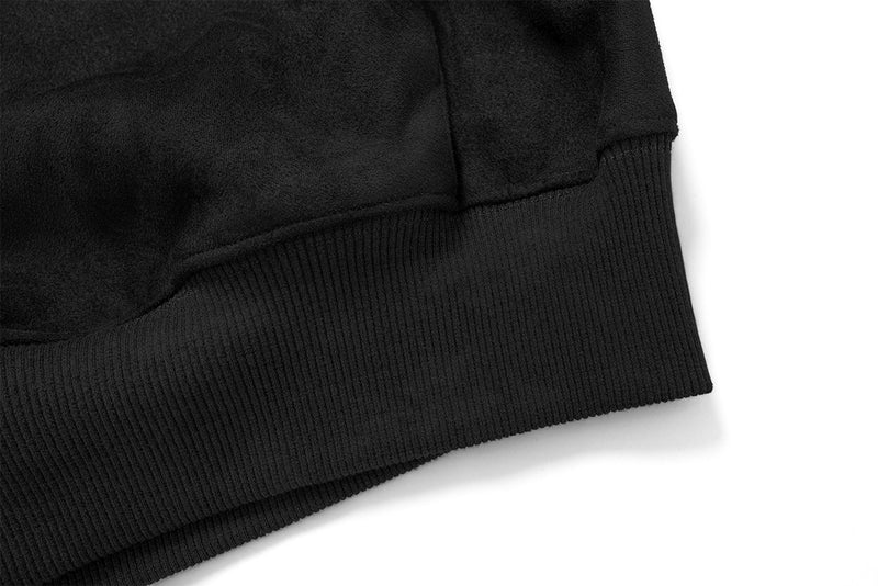 Black Gothic Cross Embroidered Zip-Up Hoodie with Faux Fur Hood Trim