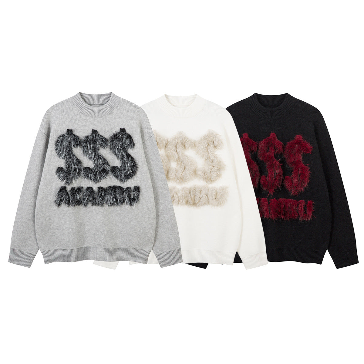 Pull gris à col rond – Maille oversize avec motif en fausse fourrure