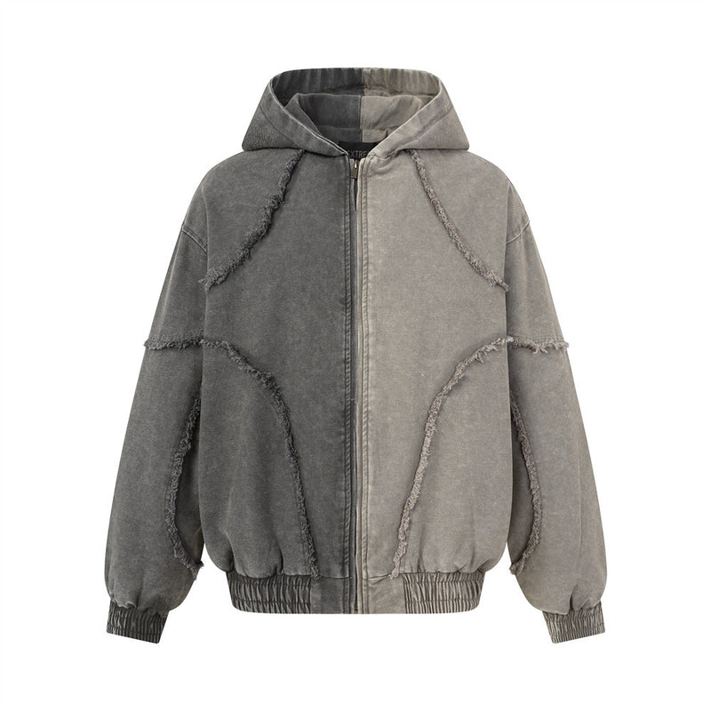 Veste à capuche zippée en patchwork délavé à l'acide – Bomber oversize bicolore à coutures effilochées