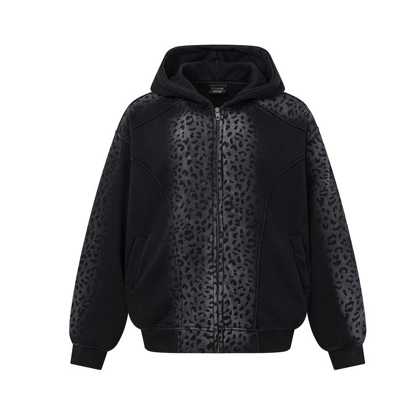 Oversized Leopard Print Zip-Up Hoodie – Fleece-Lined American Streetwear