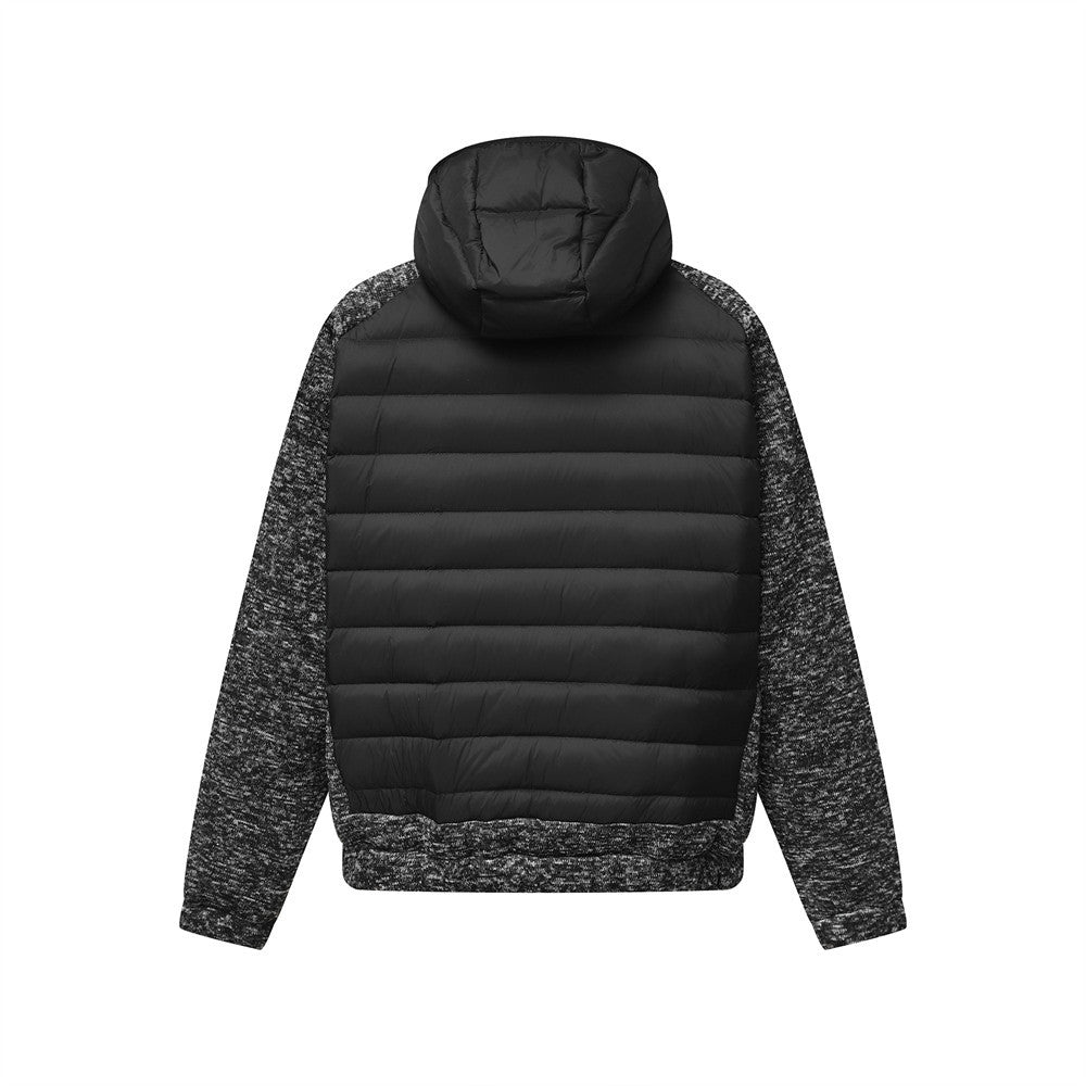 Graue Herren-Hybridjacke mit Kapuze, Reißverschluss und Steppoptik – Strickärmel