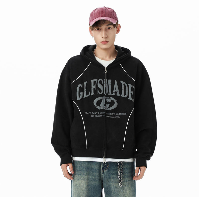 GLFSMADE Letter Print Zip-Up Hoodie – Double-Zip Oversized Streetwear Jacket