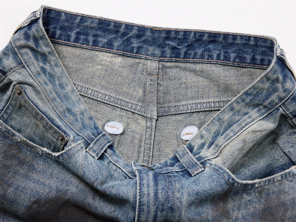 Wide-Leg Distressed Jeans – Dirty Wash Tie-Dye Ripped Denim, Relaxed Fit