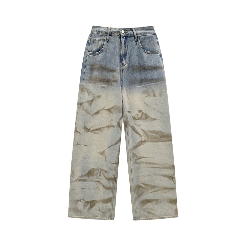 Gradient Tie-Dye Washed Wide-Leg Jeans – Vintage Punk Distressed Straight Fit