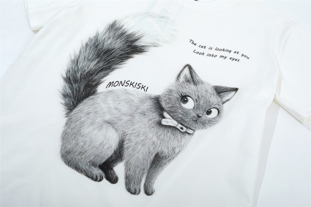 Monskiski Cat Graphic Crew Neck T-Shirt – 3D Sketch Print Short Sleeve Tee