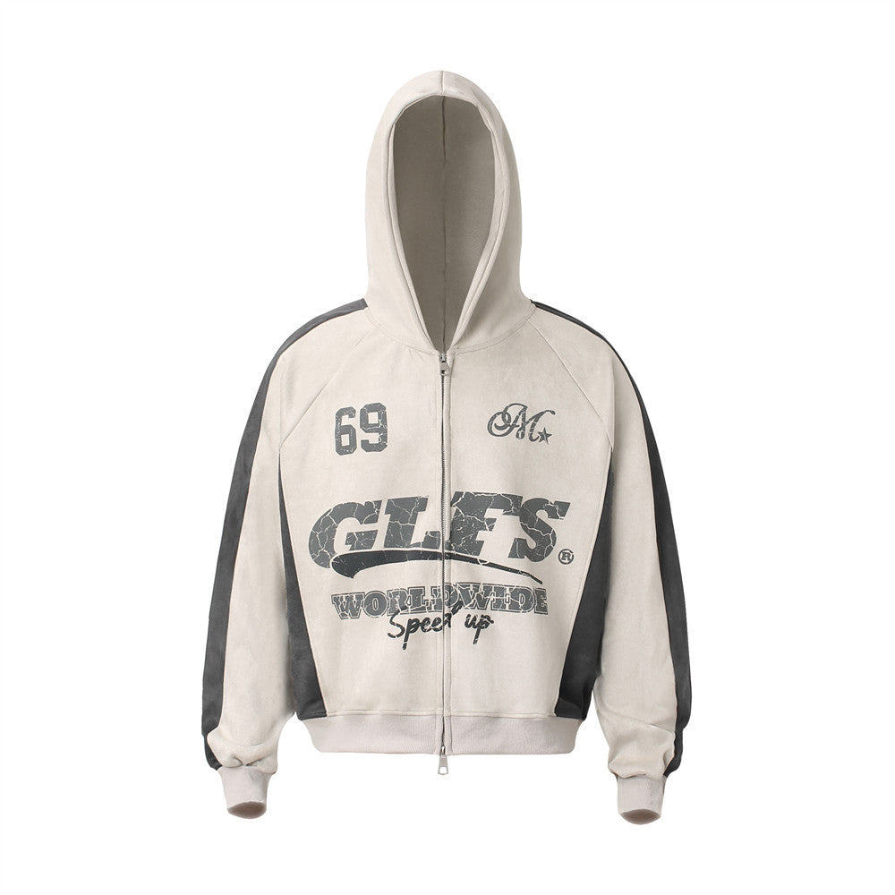 GLFS Colorblock Oversized Zip Up Hoodie – Distressed Letter Print, Dual Zipper