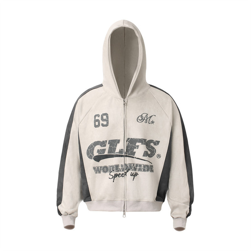 GLFS Colorblock Oversized Zip Up Hoodie – Distressed Letter Print, Dual Zipper