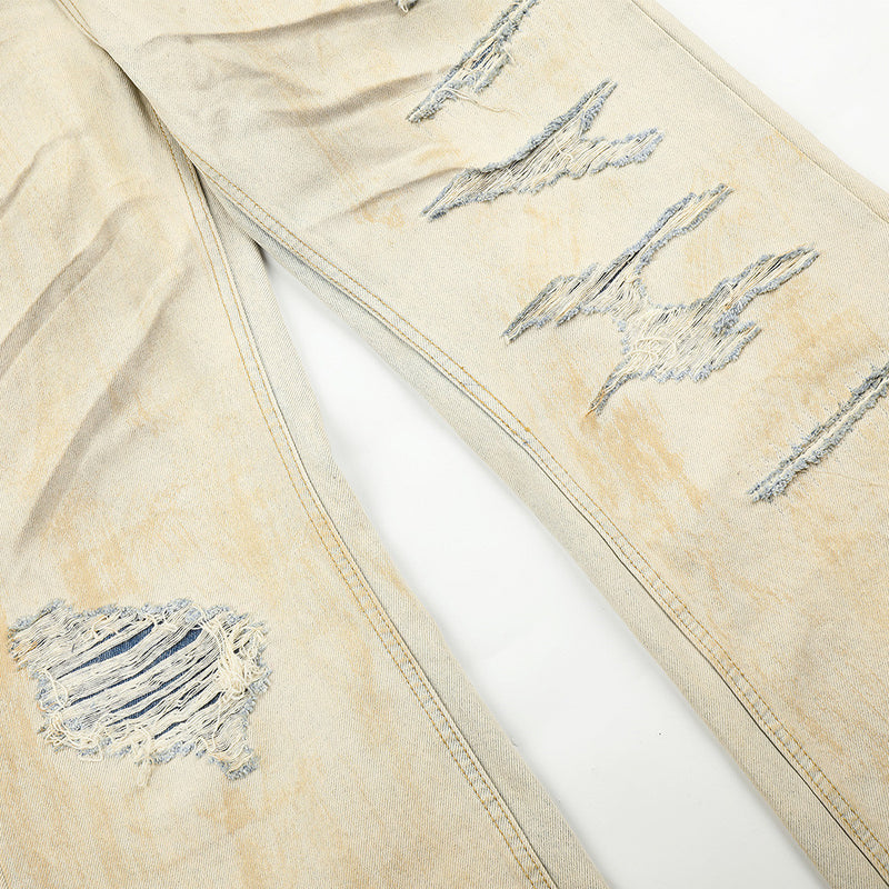 Men's Wide-Leg Distressed Jeans – Mud-Dye Washed, Diagonal Button Fly, Flare Hem