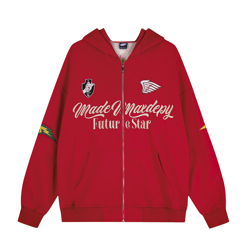 Oversized zip-up hoodie with Made by Mardepy Future Star embroidery, wing patch, and lightning bolt sleeve graphics in red