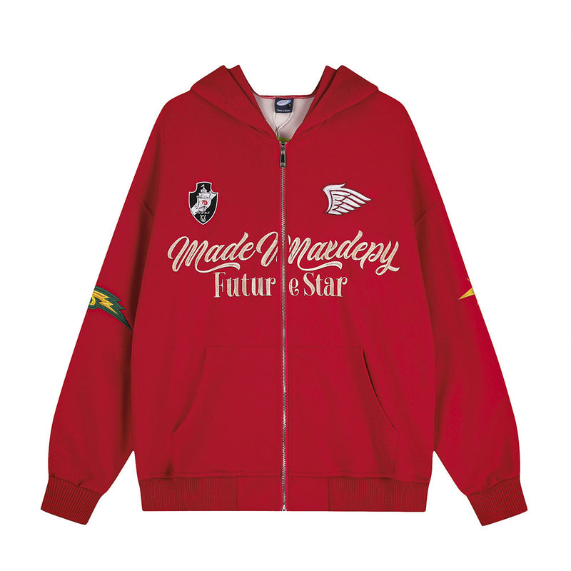 Oversized zip-up hoodie with Made by Mardepy Future Star embroidery, wing patch, and lightning bolt sleeve graphics in red
