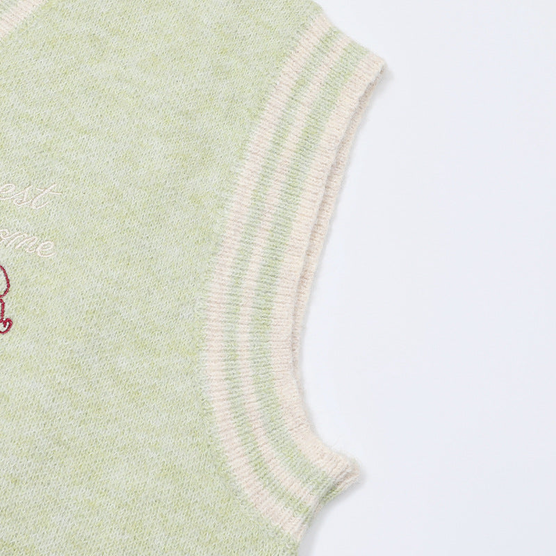 V-Neck Knit Sweater Vest with Irregular Hem & Puppy Embroidery