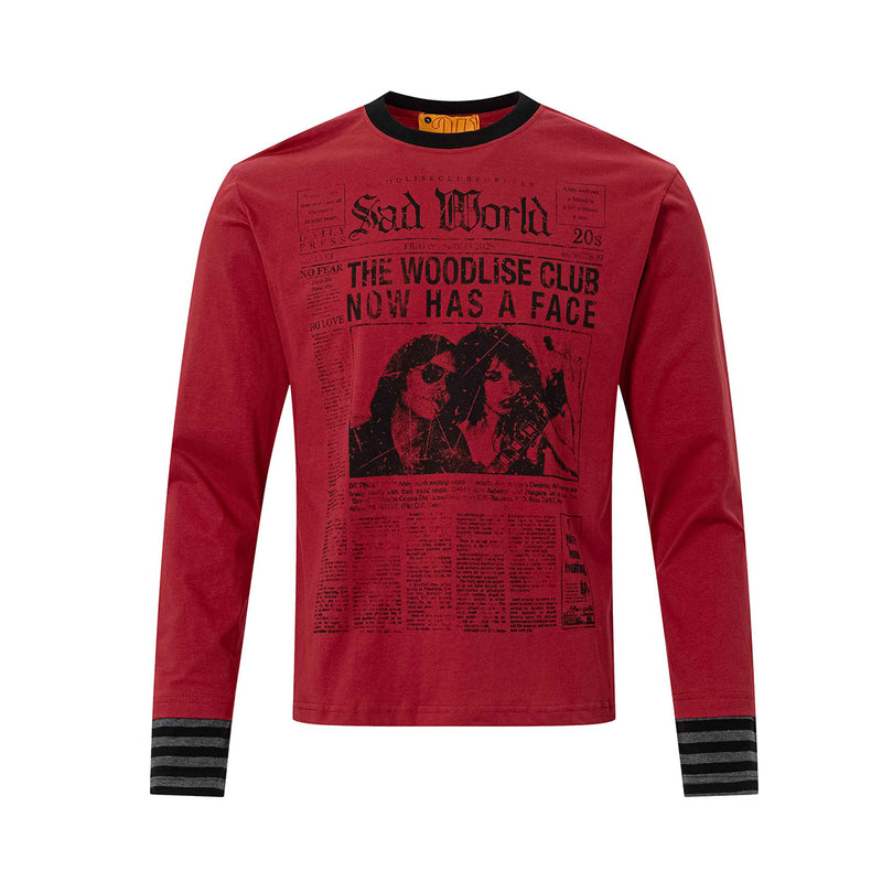 T-shirt graphique à manches longues avec imprimé rock de une de journal Sad World, rouge foncé, poignets côtelés rayés et noir
